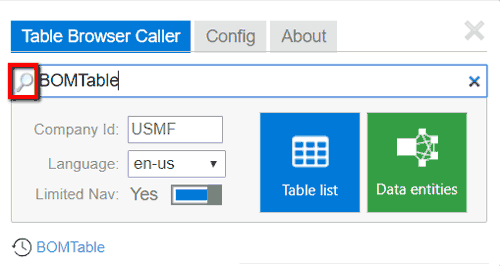 Enter table name in the Table Browser Caller Tab Screenshot