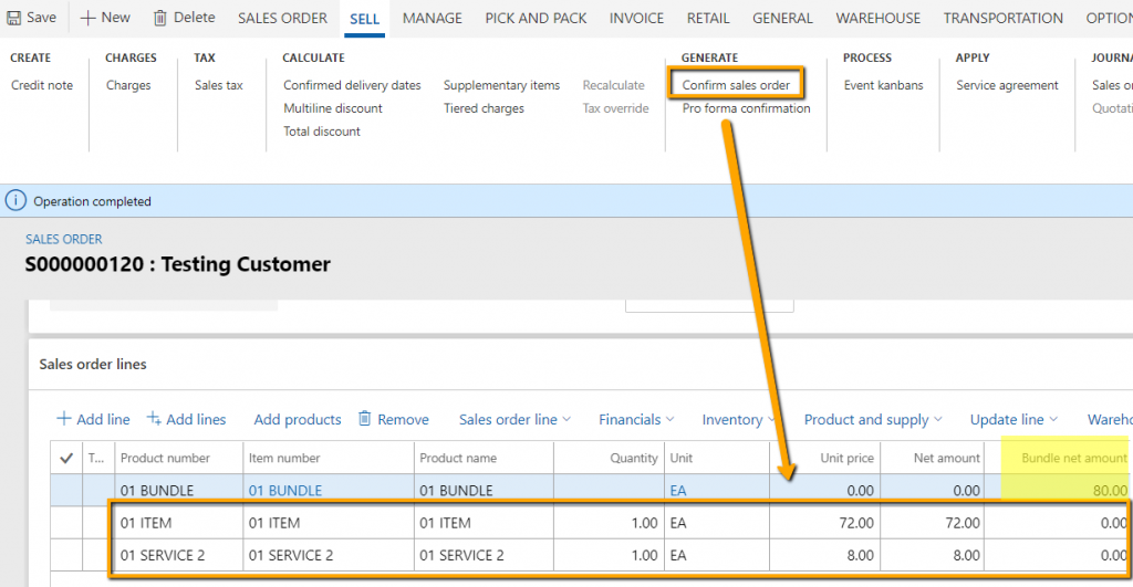 Bundles sales order confirmation example