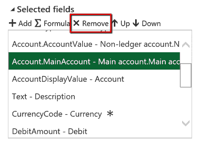 Dynamics 365 for Finance and Operations Excel Design Selected Fields Remove Screenshot