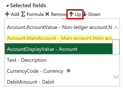 Dynamics 365 for Finance and Operations Excel Design Selected Fields Screenshot