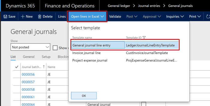 Dynamics 365-for Finance and Operations Open lines in Excel Screenshot