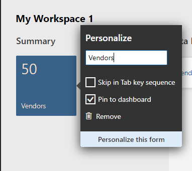 Pin tile numbers to dashboard in personalized workspaces