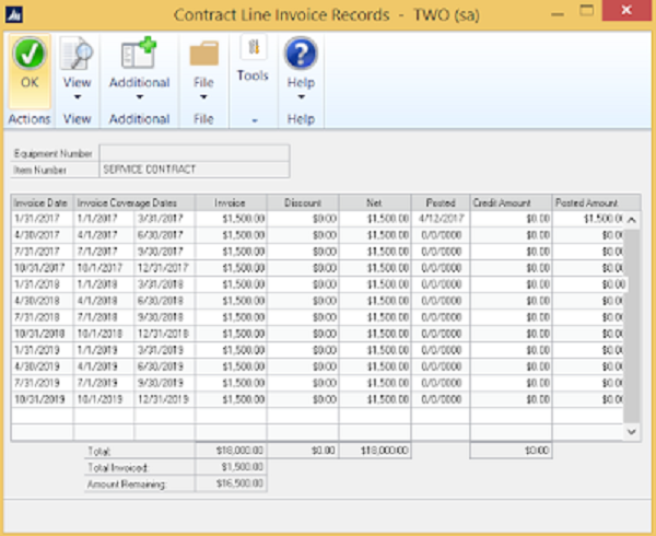 Dynamics GP Contract Line Invoice Records Contract Administration