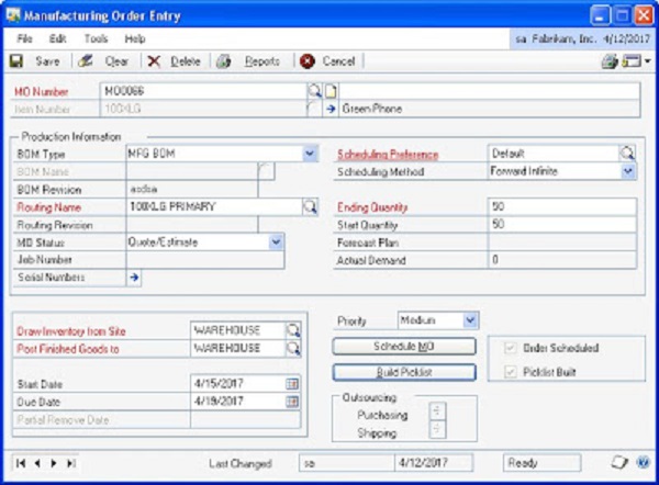 Manufacturing Order Entry Dynamics GP