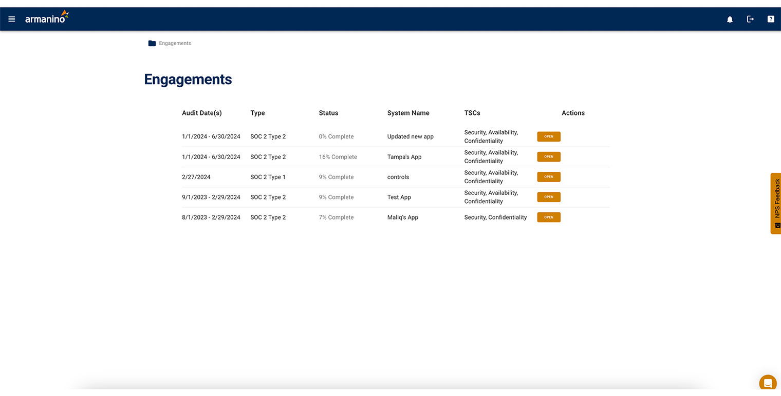 Audit Ally Engagements Screen