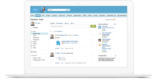Salesforce Chatter is considered the Facebook of Salesforce allowing you to share files, records and other content with your team.